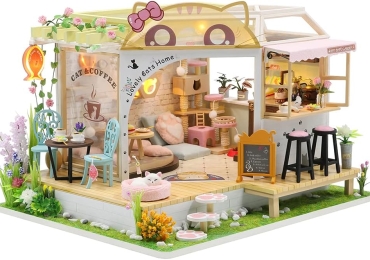🏡 CUTEBEE Miniature Dollhouse with Furniture, DIY Wooden Dollhouse Set – Cat, Coffee Garden