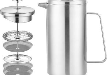Misichao small cafetiere 2 cups French Press Coffee Maker, Stainless Steel Caffettier Insulated Coffee Press with 3 Tier Filtration System, 3 Extra Filters, 350ml, Silver